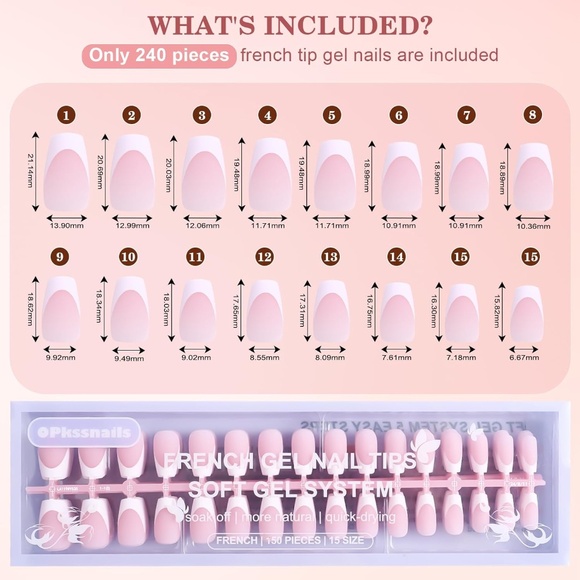 240 French Tip Pink And White Medium Coffin Press on Nails - Picture 2 of 6